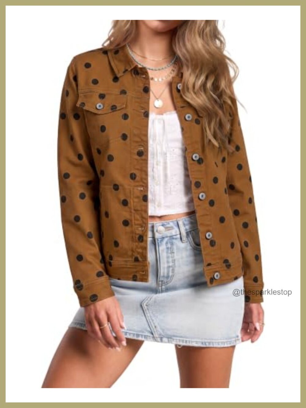 Womens Polka Dot Denim Jacket Stretch Jean Shacket Long Sleeve Button Front
